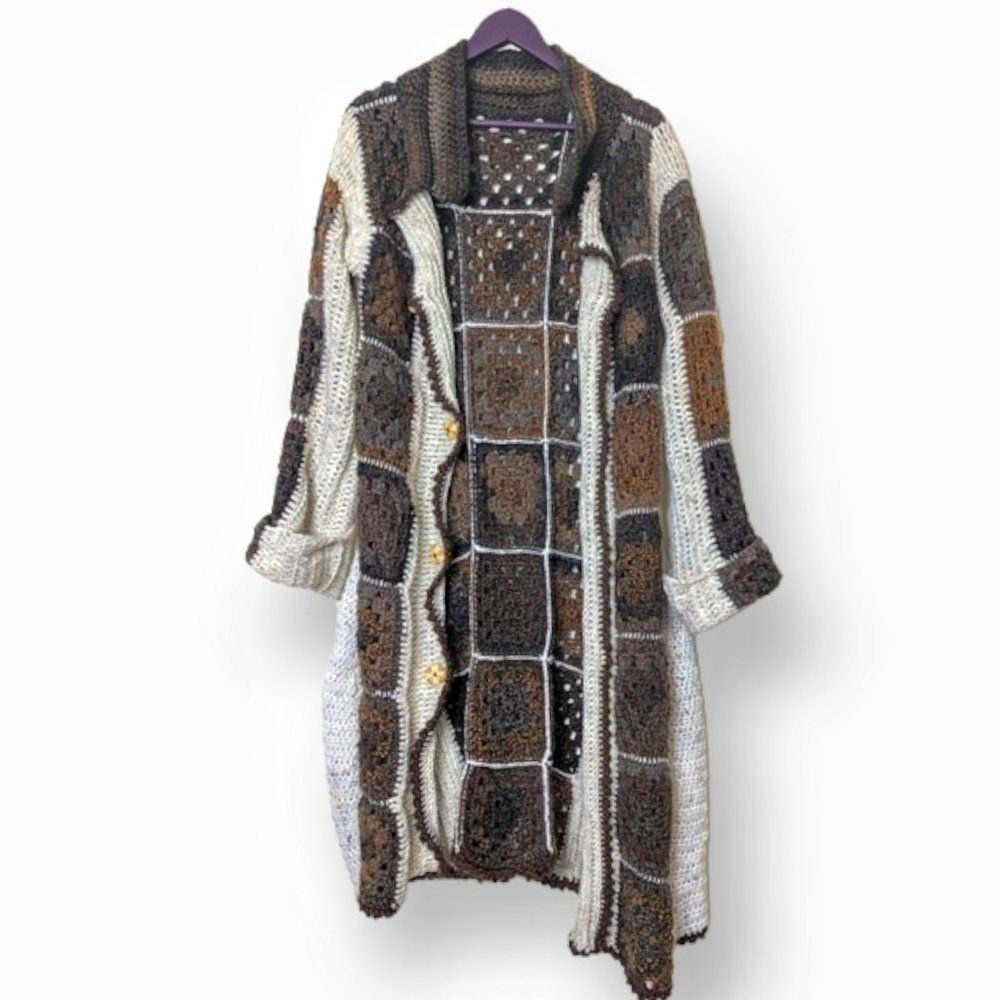 Granny Square Crochet Long Cardigan Sweater Coat Handmade - Picture 2 of 15